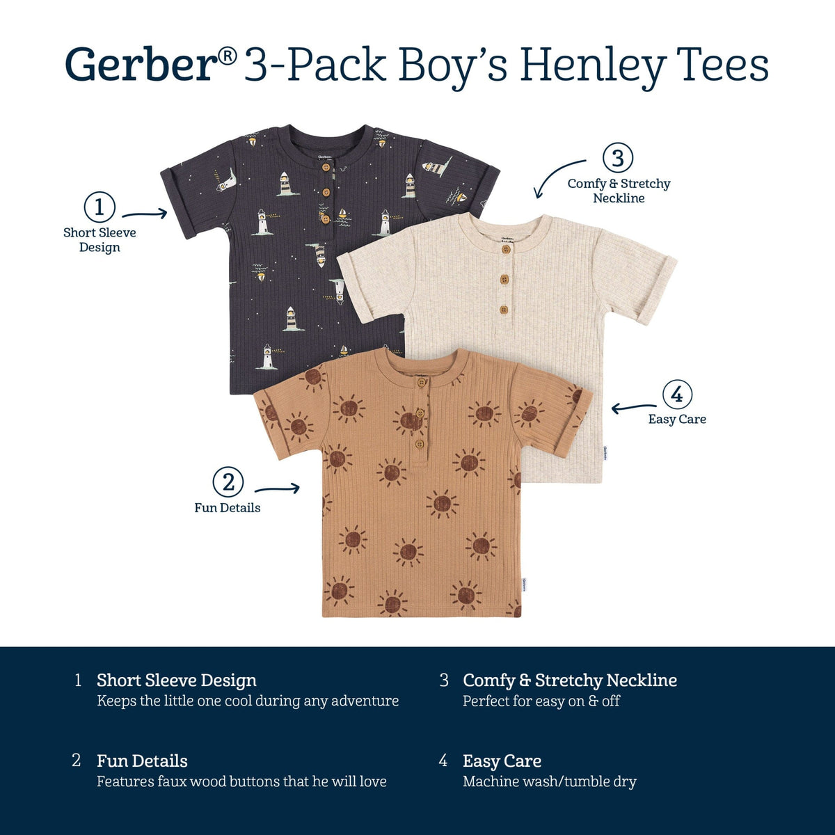 3-Pack Infant and Toddler Boys Sun & Sea Henley T-Shirts