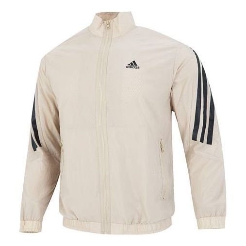 Men's adidas Fi Wv Tt Athleisure Casual Sports Woven Stripe Jacket Khaki HU1514